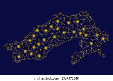 Bright yellow mesh Arunachal Pradesh State map with lightspot effect. Wire carcass triangular network in vector EPS10 format on a dark black background.
