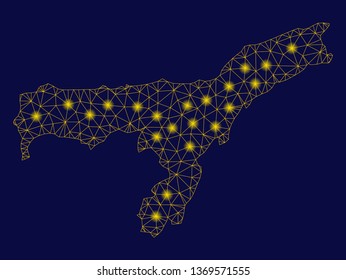Bright yellow mesh Assam State map with glare effect. Wire carcass triangular network in vector EPS10 format on a dark black background. Abstract 2d mesh designed with triangular lines,