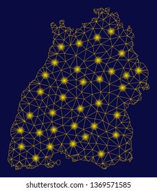 Bright yellow mesh Baden-Wurttemberg Land map with glare effect. Wire frame triangular mesh in vector EPS10 format on a dark black background. Abstract 2d mesh designed with triangles, points,