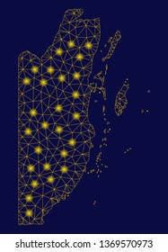 Bright yellow mesh Belize map with lightspot effect. Wire carcass triangular mesh in vector EPS10 format on a dark black background. Abstract 2d mesh designed with triangular lines, dots,