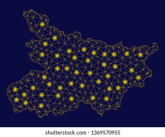 Bright yellow mesh Bihar State map with glare effect. Wire frame triangular mesh in vector EPS10 format on a dark black background. Abstract 2d mesh built from triangular lines, small circle,