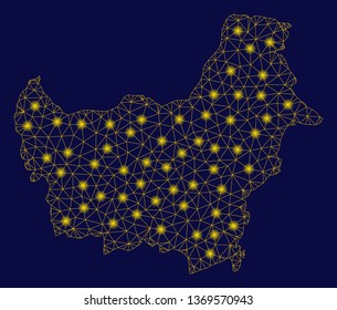 Bright yellow mesh Borneo map with glare effect. Wire frame triangular mesh in vector EPS10 format on a dark black background. Abstract 2d mesh created from triangular lines, small circle,