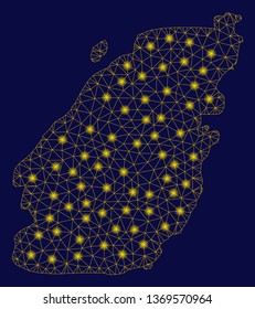 Bright yellow mesh Bowen Island map with lightspot effect. Wire frame polygonal mesh in vector EPS10 format on a dark black background. Abstract 2d mesh designed with polygonal grid, round dots,