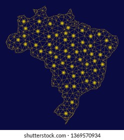 Bright yellow mesh Brazil map with glare effect. Wire frame triangular mesh in vector EPS10 format on a dark black background. Abstract 2d mesh designed with triangular lines, small circle,