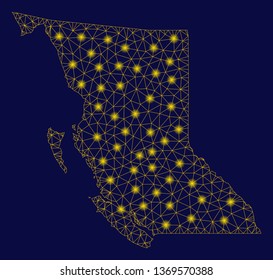 Bright yellow mesh British Columbia Province map with glare effect. Wire carcass polygonal mesh in vector EPS10 format on a dark black background. Abstract 2d mesh designed with triangles, points,