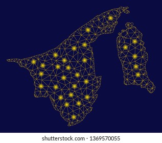 Bright yellow mesh Brunei map with glow effect. Wire frame polygonal mesh in vector EPS10 format on a dark black background. Abstract 2d mesh built from polygonal grid, dots,