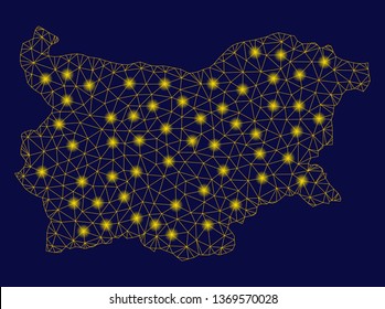 Bright yellow mesh Bulgaria map with glare effect. Wire carcass polygonal mesh in vector EPS10 format on a dark black background. Abstract 2d mesh built from polygonal grid, points,