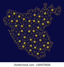 Bright yellow mesh Cadiz Province map with lightspot effect. Wire carcass polygonal mesh in vector EPS10 format on a dark black background. Abstract 2d mesh created from polygonal grid, dots,