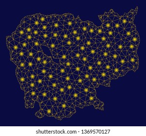 Bright yellow mesh Cambodia map with glare effect. Wire carcass triangular network in vector EPS10 format on a dark black background. Abstract 2d mesh designed with polygonal grid, points,