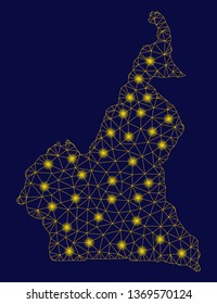 Bright yellow mesh Cameroon map with lightspot effect. Wire frame triangular mesh in vector EPS10 format on a dark black background. Abstract 2d mesh designed with triangular lines, round dots,