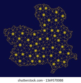 Bright yellow mesh Castile-La Mancha Province map with glare effect. Wire frame polygonal mesh in vector EPS10 format on a dark black background. Abstract 2d mesh created from polygonal grid, dots,