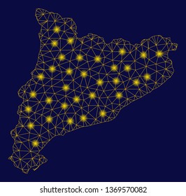 Bright yellow mesh Catalonia map with glare effect. Wire frame triangular mesh in vector EPS10 format on a dark black background. Abstract 2d mesh designed with triangular lines, small circle,