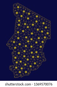 Bright yellow mesh Chad map with glow effect. Wire carcass polygonal mesh in vector EPS10 format on a dark black background. Abstract 2d mesh designed with polygonal grid, dots,