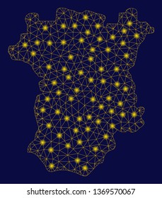 Bright yellow mesh Chechnya map with glow effect. Wire frame polygonal mesh in vector EPS10 format on a dark black background. Abstract 2d mesh designed with polygonal grid, dots,