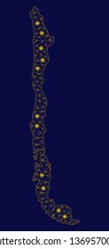 Bright yellow mesh Chile map with lightspot effect. Wire carcass triangular network in vector EPS10 format on a dark black background. Abstract 2d mesh designed with triangular lines, small circle,