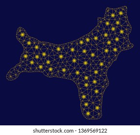 Bright yellow mesh Christmas Island map with glare effect. Wire carcass triangular mesh in vector EPS10 format on a dark black background. Abstract 2d mesh designed with polygonal grid, small circle,