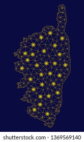 Bright yellow mesh Corsica France Island map with glare effect. Wire carcass polygonal network in vector EPS10 format on a dark black background. Abstract 2d mesh designed with polygonal grid,