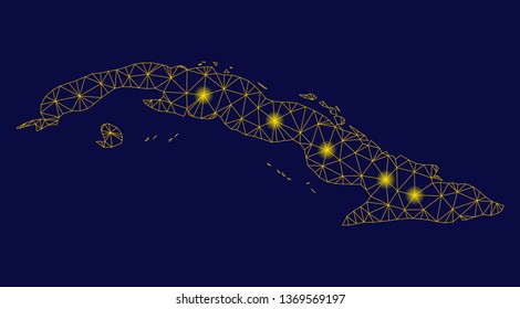 Bright yellow mesh Cuba map with glare effect. Wire carcass triangular mesh in vector EPS10 format on a dark black background. Abstract 2d mesh designed with triangular lines, small circle,