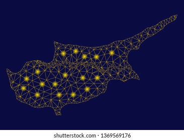 Bright yellow mesh Cyprus countries map with glow effect. Wire frame triangular mesh in vector EPS10 format on a dark black background. Abstract 2d mesh designed with triangular lines, spheric points,