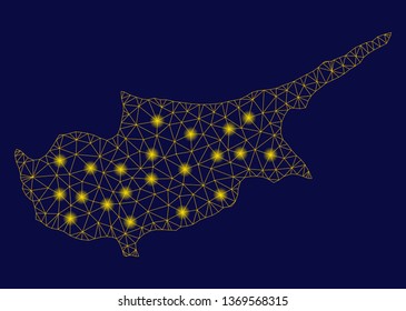 Bright yellow mesh Cyprus Island map with glow effect. Wire frame polygonal network in vector EPS10 format on a dark black background. Abstract 2d mesh designed with polygonal grid, small circle,
