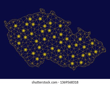 Bright yellow mesh Czech map with glare effect. Wire frame triangular network in vector EPS10 format on a dark black background. Abstract 2d mesh built from triangular lines, round dots,