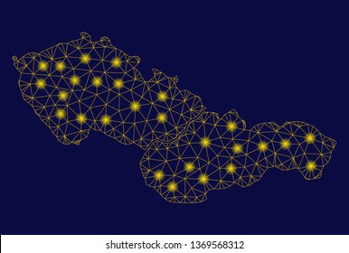 Bright yellow mesh Czechoslovakia map with lightspot effect. Wire carcass triangular mesh in vector EPS10 format on a dark black background. Abstract 2d mesh designed with triangular lines, points,