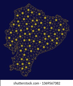 Bright yellow mesh Ecuador map with glare effect. Wire frame polygonal mesh in vector EPS10 format on a dark black background. Abstract 2d mesh created from triangular lines, dots,