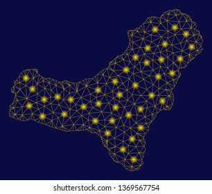 Bright yellow mesh El Hierro Island map with glare effect. Wire carcass triangular mesh in vector EPS10 format on a dark black background. Abstract 2d mesh created from triangles, round dots,