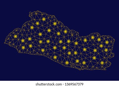 Bright yellow mesh El Salvador map with glare effect. Wire frame triangular mesh in vector EPS10 format on a dark black background. Abstract 2d mesh designed with triangular lines, round dots,