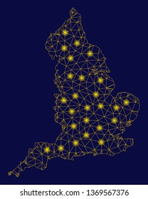 Bright yellow mesh England map with lightspot effect. Wire carcass triangular network in vector EPS10 format on a dark black background. Abstract 2d mesh designed with triangular lines, dots,