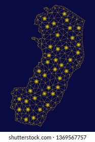 Bright yellow mesh Espirito Santo State map with glow effect. Wire frame triangular mesh in vector EPS10 format on a dark black background. Abstract 2d mesh designed with triangular lines, dots,