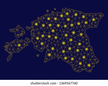 Bright yellow mesh Estonia map with lightspot effect. Wire frame triangular mesh in vector EPS10 format on a dark black background. Abstract 2d mesh designed with triangular lines, points,