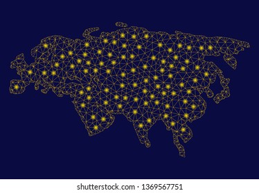 Bright yellow mesh Eurasia map with glow effect. Wire carcass triangular mesh in vector EPS10 format on a dark black background. Abstract 2d mesh designed with triangular lines, points,
