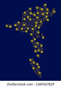Bright yellow mesh Faroe Islands map with glow effect. Wire frame polygonal network in vector EPS10 format on a dark black background. Abstract 2d mesh designed with polygonal grid, points,