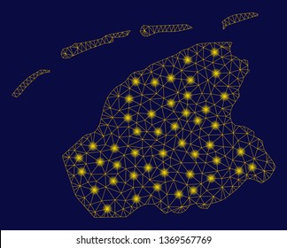 Bright yellow mesh Friesland Province map with glow effect. Wire frame polygonal mesh in vector EPS10 format on a dark black background. Abstract 2d mesh designed with polygonal grid, points,