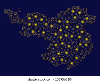 Bright yellow mesh Gerona Province map with lightspot effect. Wire frame polygonal mesh in vector EPS10 format on a dark black background. Abstract 2d mesh designed with triangles, spheric points,