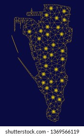 Bright yellow mesh Gibraltar map with glare effect. Wire carcass polygonal mesh in vector EPS10 format on a dark black background. Abstract 2d mesh designed with polygonal grid, small circle,