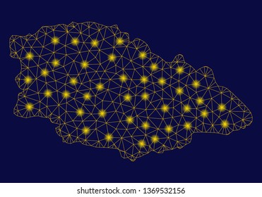 Bright yellow mesh Gozo Island map with glow effect. Wire frame polygonal mesh in vector EPS10 format on a dark black background. Abstract 2d mesh designed with polygonal grid, points,