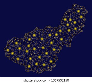 Bright yellow mesh Granada Province map with glow effect. Wire carcass polygonal mesh in vector EPS10 format on a dark black background. Abstract 2d mesh built from polygonal grid, small circle,