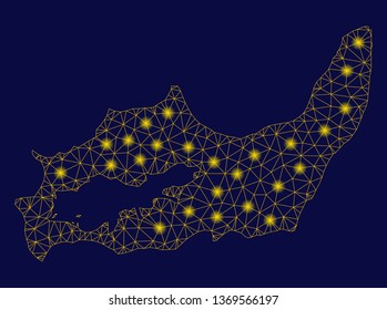 Bright yellow mesh Great Inagua Island map with glare effect. Wire carcass triangular mesh in vector EPS10 format on a dark black background. Abstract 2d mesh designed with polygonal grid, round dots,