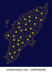 Bright yellow mesh Greek Rhodes Island map with glare effect. Wire carcass polygonal mesh in vector EPS10 format on a dark black background. Abstract 2d mesh designed with polygonal grid, points,