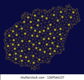 Bright yellow mesh Hainan Island map with glow effect. Wire carcass triangular mesh in vector EPS10 format on a dark black background. Abstract 2d mesh built from triangular lines, points,
