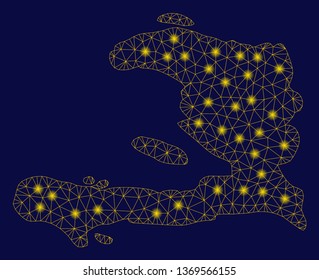 Bright yellow mesh Haiti map with glow effect. Wire carcass triangular mesh in vector EPS10 format on a dark black background. Abstract 2d mesh designed with triangular lines, small circle,