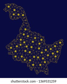 Bright yellow mesh Heilongjiang Province map with glare effect. Wire carcass polygonal mesh in vector EPS10 format on a dark black background. Abstract 2d mesh designed with polygonal grid,