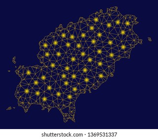 Bright yellow mesh Ibiza Island map with glare effect. Wire carcass triangular mesh in vector EPS10 format on a dark black background. Abstract 2d mesh designed with triangles, round dots,