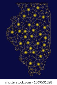 Bright yellow mesh Illinois State map with glare effect. Wire carcass triangular mesh in vector EPS10 format on a dark black background. Abstract 2d mesh designed with triangular lines, points,