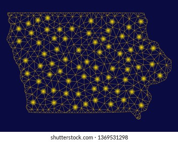 Bright yellow mesh Iowa State map with glare effect. Wire carcass polygonal mesh in vector EPS10 format on a dark black background. Abstract 2d mesh designed with polygonal grid, small circle,