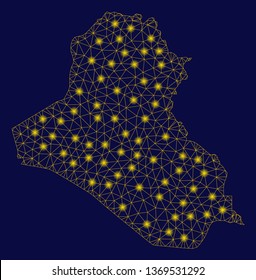Bright yellow mesh Iraq map with glare effect. Wire frame polygonal mesh in vector EPS10 format on a dark black background. Abstract 2d mesh designed with polygonal grid, small circle,