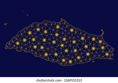 Bright yellow mesh Isla La Tortuga map with glare effect. Wire carcass polygonal network in vector EPS10 format on a dark black background. Abstract 2d mesh designed with polygonal grid, round dots,