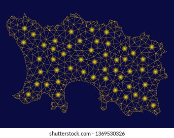 Bright yellow mesh Jersey Island map with glow effect. Wire carcass polygonal mesh in vector EPS10 format on a dark black background. Abstract 2d mesh designed with polygonal grid, points,